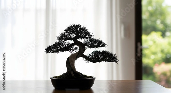 Obraz Silhouette of a meticulously shaped bonsai tree in a pot.
