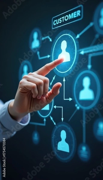 Obraz Tech Support Concept. A hand interacts with a digital interface displaying customer connections and data, emphasizing technology and customer relationship management.
