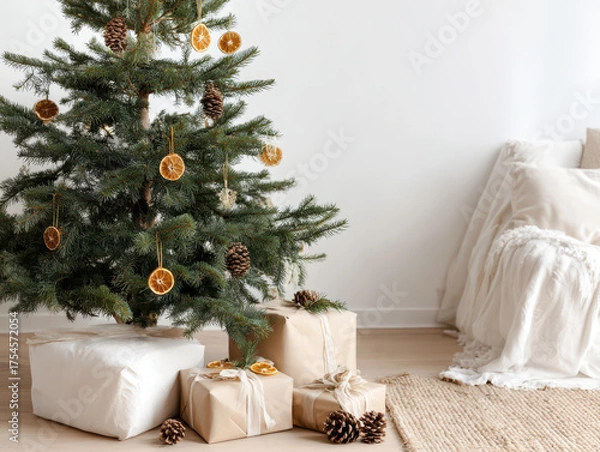 Fototapeta Eco-friendly Christmas tree in a minimalist interior decorated with pine cones and dried oranges. Sustainable and cozy holiday design emphasizing natural textures and warm lighting.