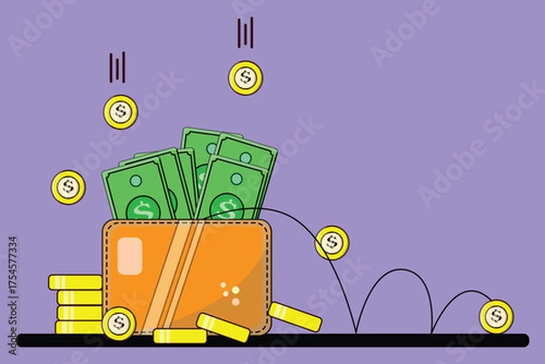 Obraz Wallet with money and coins falling around it, representing wealth, savings, and financial success concept