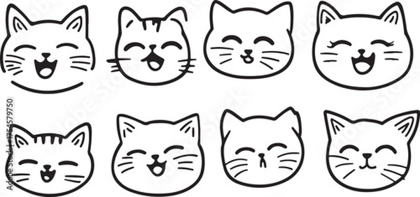 Fototapeta Funny cartoon cats set: cute vector illustration of funny feline animal heads, perfect for pet design and drawing icons