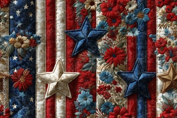 Fototapeta Seamless pattern Americana with stars and stripes motifs, floral bands, vintage motifs celebrating American independence day