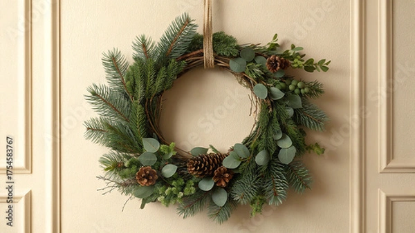 Obraz Christmas wreath with pine branches and red berries on wall
