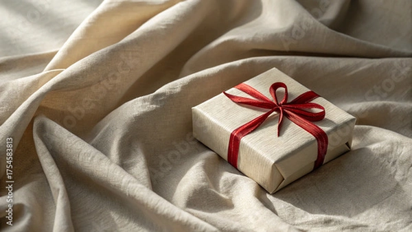 Obraz Beige gift box with red ribbon on soft linen fabric
