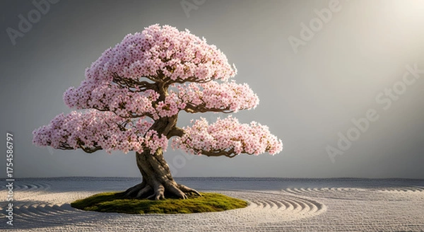 Obraz Beautiful bonsai tree with pink blossoms in a zen garden setting.