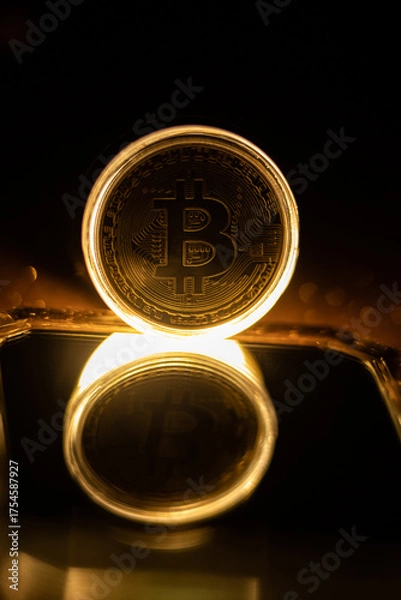 Fototapeta Bitcoin icon sign payment symbol golden background. Decentralised Cryptocurrency logo of BTC coin. 