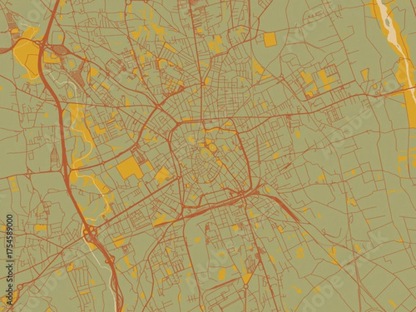 Fototapeta Flat painterly map of Udine, Italy in sage/olive tone field with rust networks and ochre shapes, cream water.