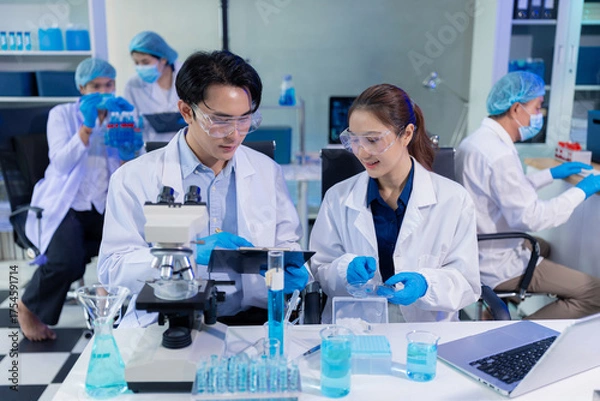 Fototapeta Scientist mixing chemical liquids in the chemistry lab. Researcher working in the chemical laboratory.