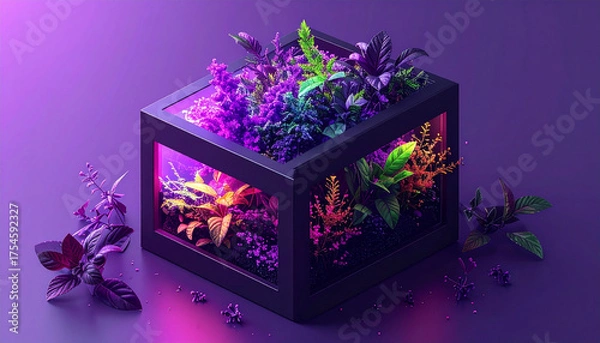 Fototapeta Vibrant Glowing Plants in a Futuristic Terrarium Box, Illuminated by Neon Purple and Magenta Lighting, Creating a Captivating Botanical Display in a Dark Setting