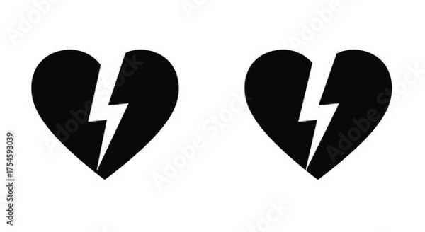 Fototapeta Two broken black hearts with lightning bolt cracks depicting heartbreak