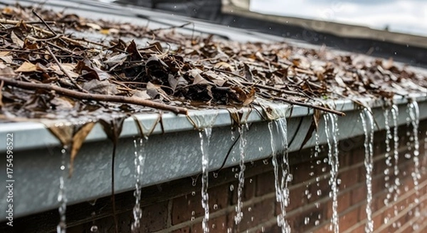 Fototapeta Autumn rain dripping from house roof gutter