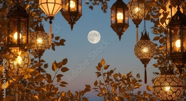 Fototapeta Decorative lanterns hanging among autumn branches