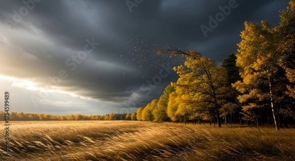 Fototapeta Autumn landscape of golden field under cloudy sky
