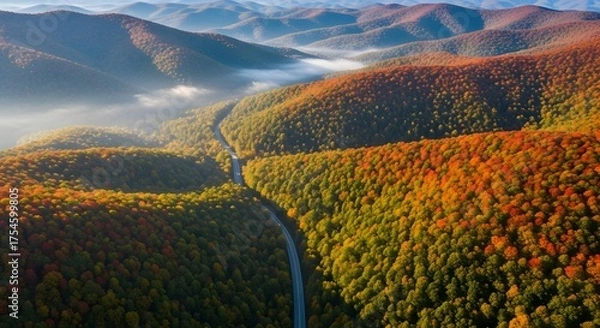 Fototapeta Majestic aerial view of colorful autumn forest hills