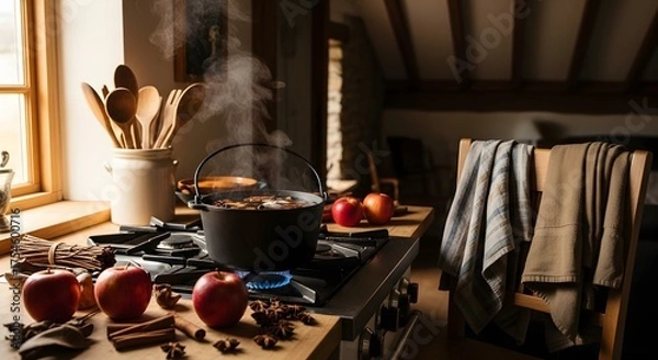 Fototapeta Autumn cooking scene with apples and pot on stove