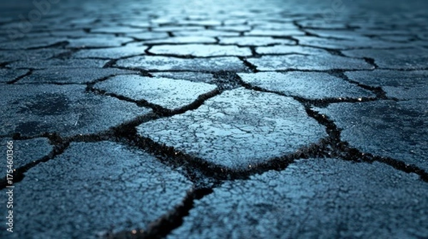 Obraz Dry cracked earth texture under blue light with intricate patterns and shadows, ideal for background and design projects