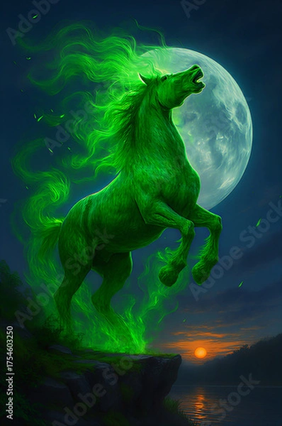 Obraz 月をバックにいななく馬