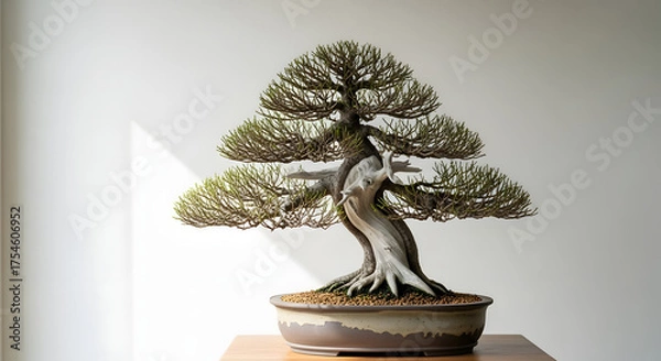 Obraz Exquisite Bonsai Tree with Lush Green Foliage and Twisted Trunk.