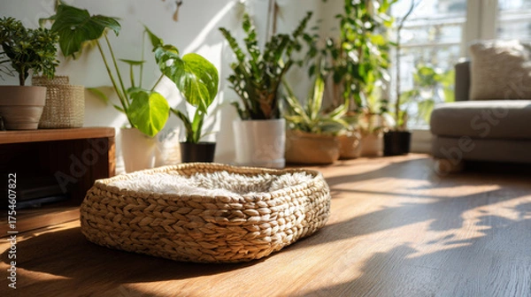 Fototapeta A sunlit woven cat bed on the floor of an apartment is surrounded by potted plants, creating a warm and peaceful atmosphere.