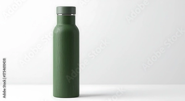 Fototapeta Modern dark green reusable water bottle with textured surface and silver cap