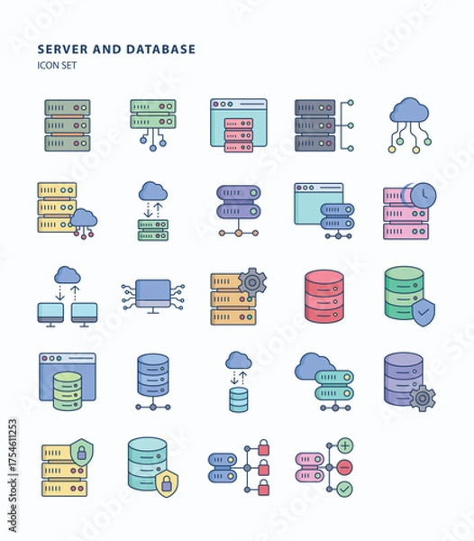 Obraz Server and database linear color  icon set, Its including icons like cloud data, storage, Server
