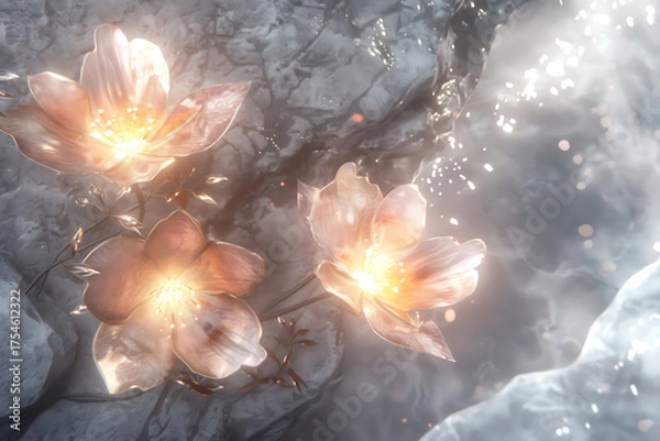 Fototapeta 光を放つ幻想的な花が咲く幻想世界のイメージ
