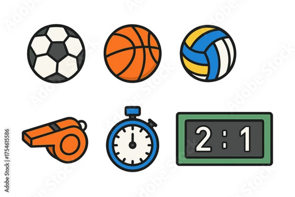 Fototapeta Sports equipment collection with balls, whistle, stopwatch, and scoreboard symbols