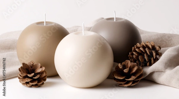 Obraz Spherical decorative candles in warm neutral tones arranged with natural pine cones on a beige linen fabric, creating a cozy and rustic ambiance for home interiors and seasonal decor