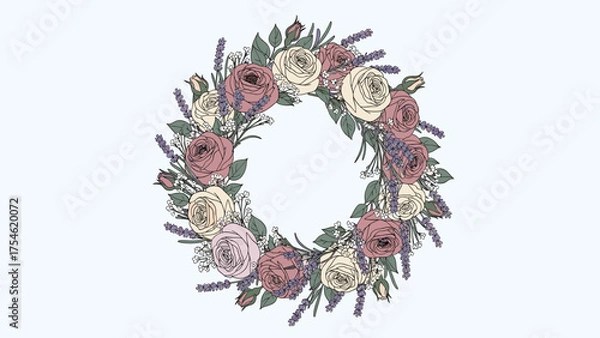 Fototapeta Botanical Floral Wreath Illustration with Roses and Lavender. Elegant Vintage Flower Circle Design.