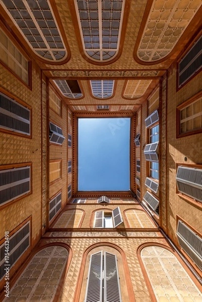 Fototapeta Florence, Italy - July 27, 2025: The inner space of a building in Florence that opens to the sky, framed by the walls of the courtyard.