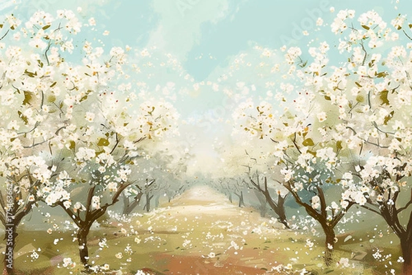 Obraz Serene Orchard Path: Blooming White Trees and Dreamy Atmosphere Illustration