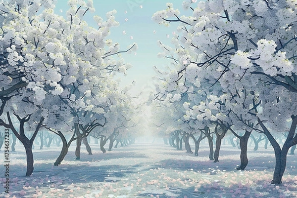 Obraz Serene white blossom tree avenue in dreamy pastel hues, ethereal beauty
