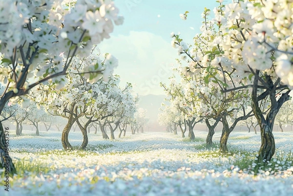 Obraz Enchanting spring landscape with blossoming white trees and ethereal light