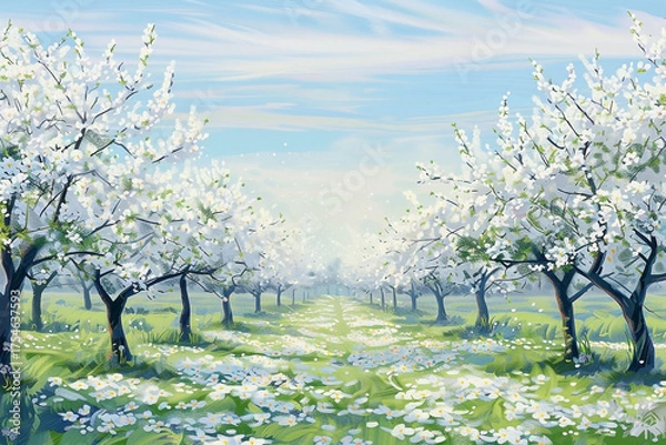 Obraz Enchanted Orchard: A Serene Landscape of Blossoming Trees in Radiant White