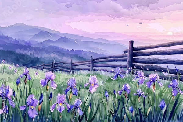 Obraz A serene watercolor landscape featuring iris flowers in a mountain setting
