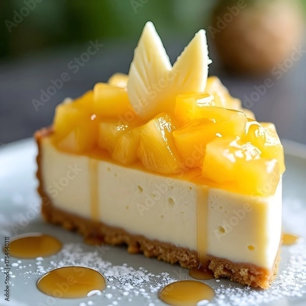 Obraz a luxurious pineapple cheesecake slice on a plate