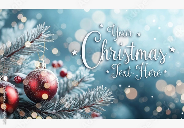 Fototapeta Christmas Card With Frozen Tree Branches And Red Baubles Mockup