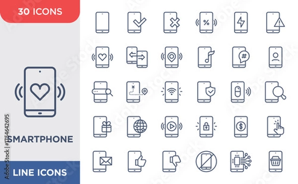 Fototapeta Smartphone set icon. Globe, Love, Checklist, Message, Transfer, Like, Dislike, Vector illustration.