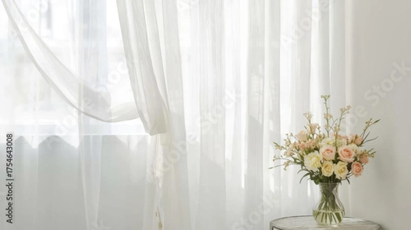 Fototapeta Vase of pastel flowers sits on table by window with sheer curtains, creating serene and elegant atmosphere