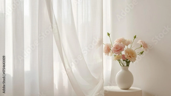 Fototapeta Soft light filters through sheer curtains, illuminating vase of pastel flowers on table, creating serene and elegant atmosphere
