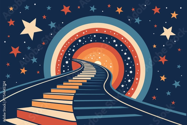 Obraz A colorful rainbow path with stars leads to a bright sunlit tunnel.