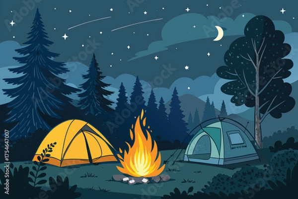 Obraz A peaceful night camping scene with tents and a campfire.