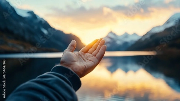 Obraz Hand Reaching for Golden Sunset Over Mountain Lake Hopeful Serenity.