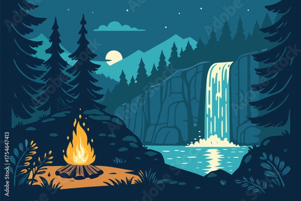 Obraz A serene nighttime forest scene with a campfire and waterfall.