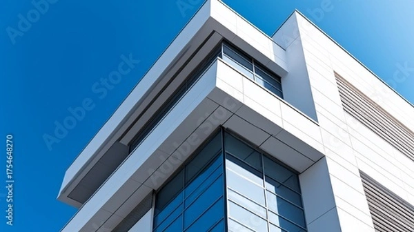 Obraz Modern Architecture White Building Corner with Blue Sky Reflection in Windows.