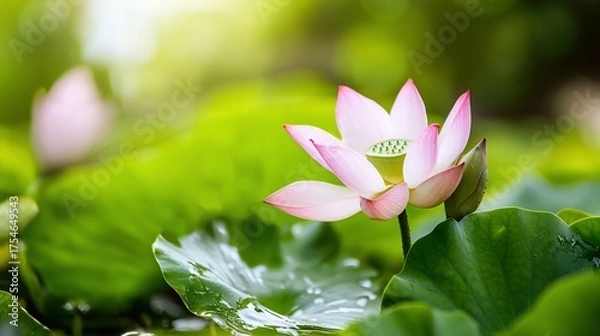 Obraz Serene Pink Lotus Blossom with DewKissed Leaves in Lush Greenery.