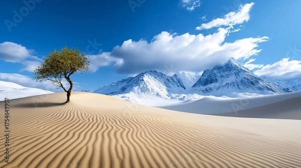 Fototapeta Striking Juxtaposition Lone Tree in Desert SnowCapped Mountains Under Blue Sky.