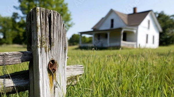 Obraz Weathered Fence Post and Distant Farmhouse in Rural Landscape.