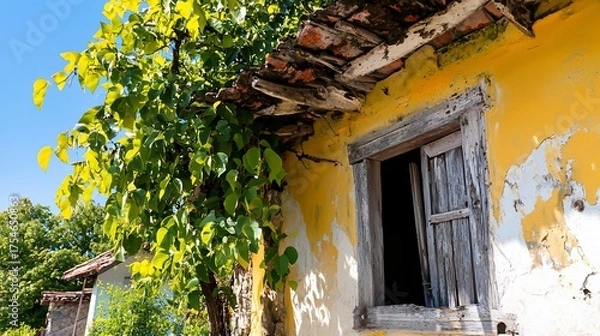 Obraz Weathered Yellow Wall with Open Window and Lush Green Foliage in Bright Sunlight.
