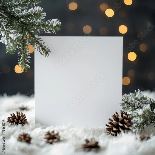 Fototapeta Blank white card surrounded by snowy pine branches and pinecones on fluffy surface, with warm bokeh lights in background